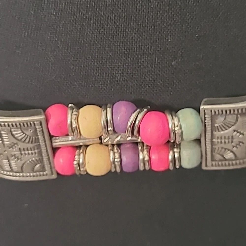 Multicolor Chain Belt Beaded Silver Medallion Artsy 80's Retro